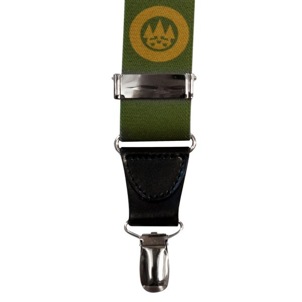 Green suspender with gold logo